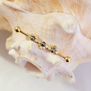 Gold plated industrial barbell w faux black pearl bead inserts